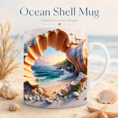 Ocean Shell Mug – Premium Ceramic Coffee Mug with 3D Seaside Shell Wraparound Design, Microwave & Dishwasher Safe